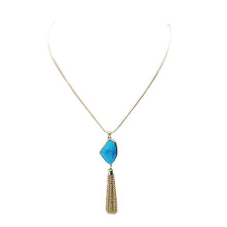 Long gold chain necklace with turquoise stone and gold tassle