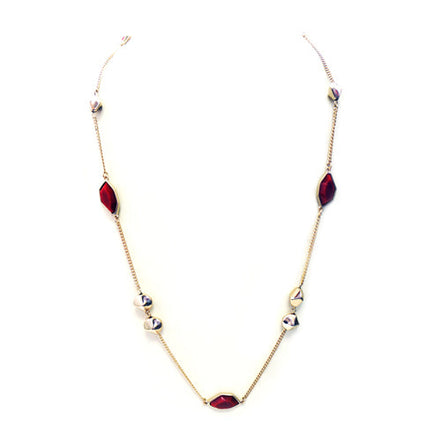 Long gold chain necklace with red pentagon shapes
