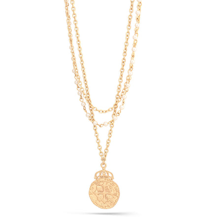 Gold Matte Finished Cross Pearl 3 Layered Necklace
