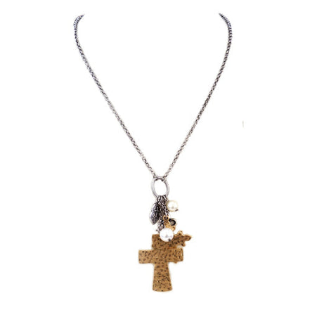 Gold hammered cross necklace with charms