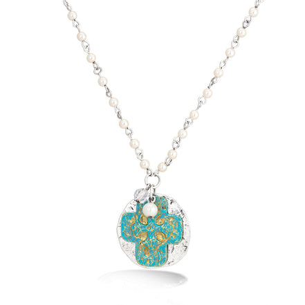 Silver-Tone Metal White Pearl Turquoise Cross Pendant Necklace
