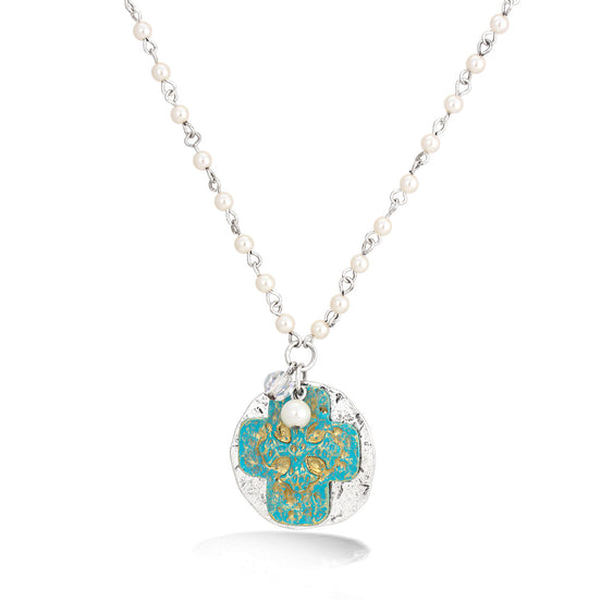 Silver-Tone Metal White Pearl Turquoise Cross Pendant Necklace