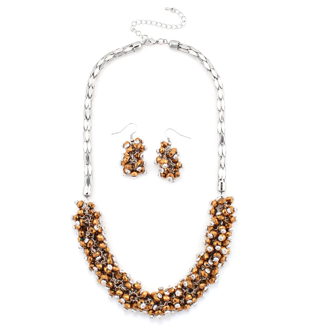 Silver-Tone Metal Brown Bead Necklace And Earring Set