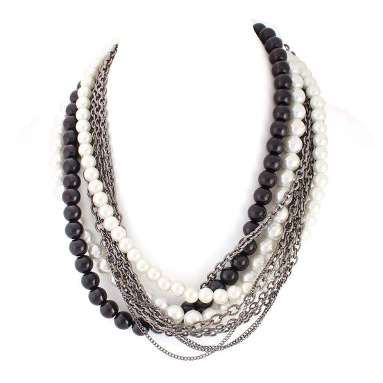 Rhodium-Tone,Metal,Black,And,White,Pearl,Necklace