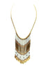 Gold bib necklace with gold leaves and white beads
