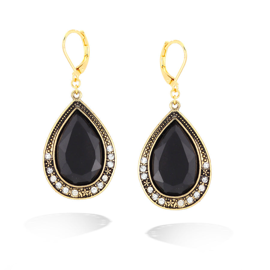Gold-Tone Metal White Crystal Black Glass Eaerring