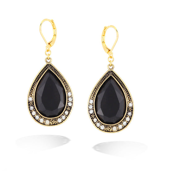 Gold-Tone Metal White Crystal Black Glass Eaerring