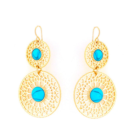 Gold-Tone Metal Turquoise Round Filigree Earrings