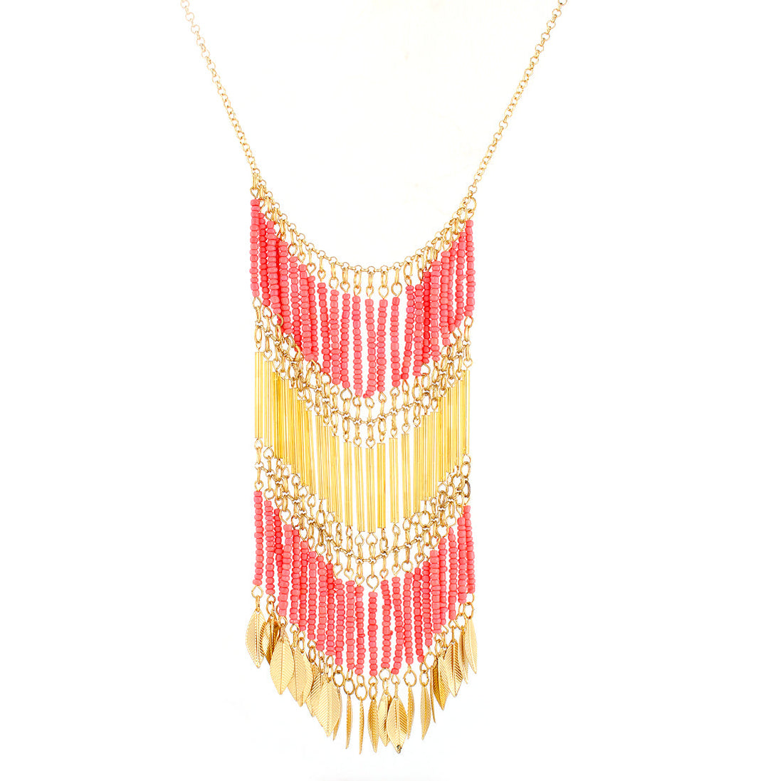 Gold-Tone Metal Coral Seed Bead Leaf Design Metal Hanging Necklace