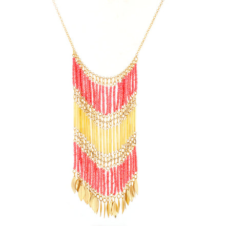 Gold-Tone Metal Coral Seed Bead Leaf Design Metal Hanging Necklace