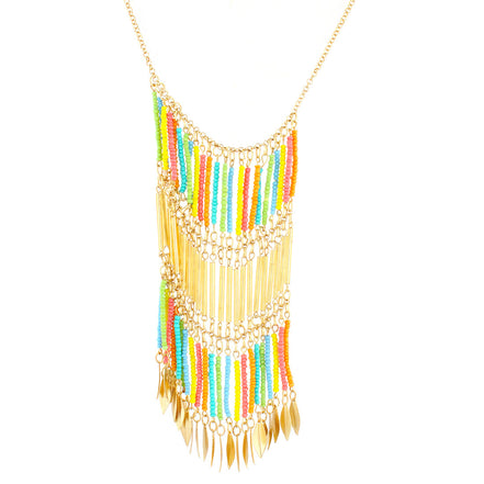Gold-Tone Metal Multi Color Seed Bead Leaf Design Metal Hanging Necklace
