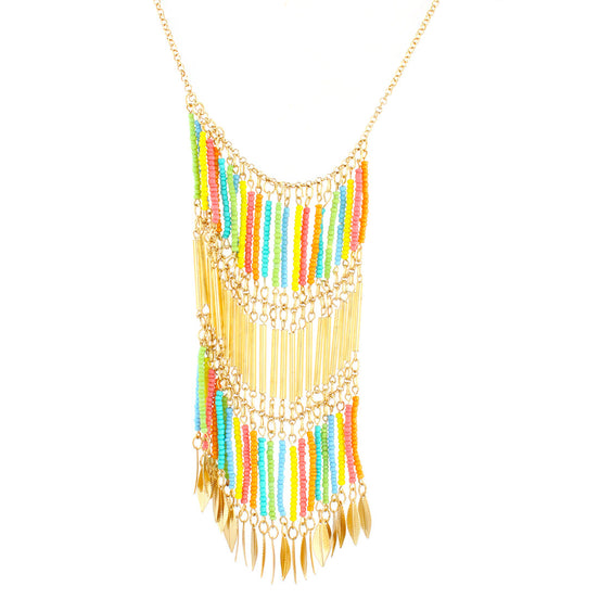 Gold-Tone Metal Multi Color Seed Bead Leaf Design Metal Hanging Necklace