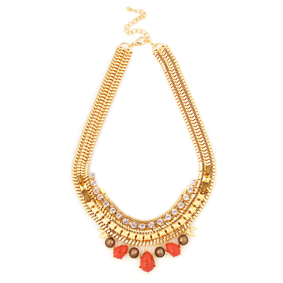 Gold Tone Metal Coral With White Crystal Necklace And Earring Set