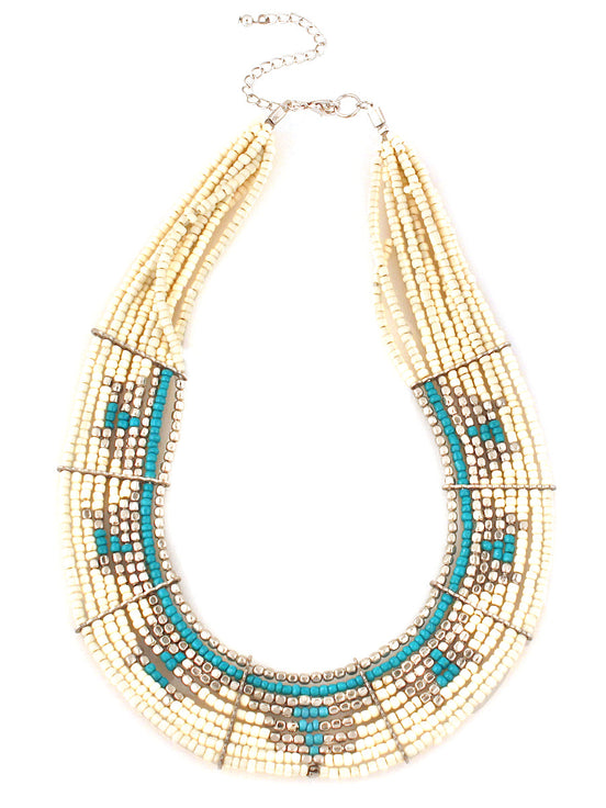 White silver and turquoise beaded indian bib necklace