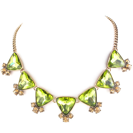 Gold Plated Oxide Olive Color Glass With Champagne Crystal Necklace