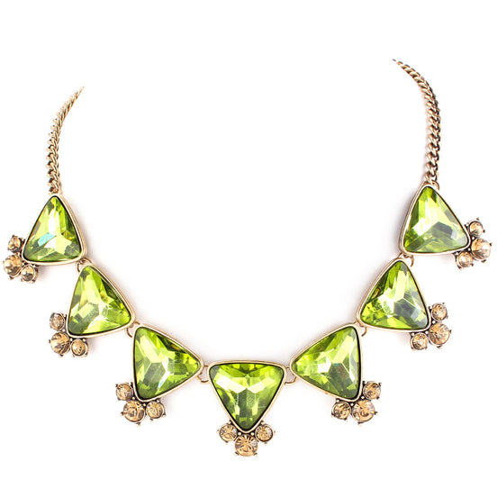 Gold Plated Oxide Olive Color Glass With Champagne Crystal Necklace