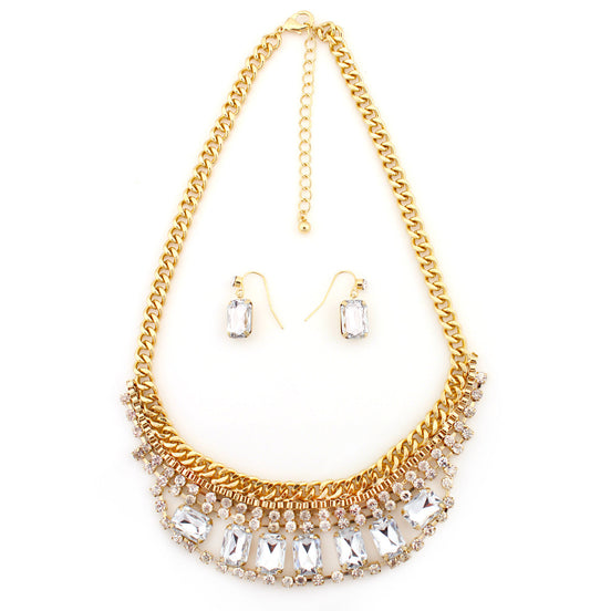 Gold-Tone Metal White Crystal Necklace And Earrings Set