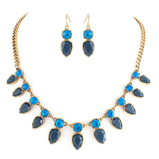 Teardrop Blue Stone With Blue Crystal Necklace Earring Set