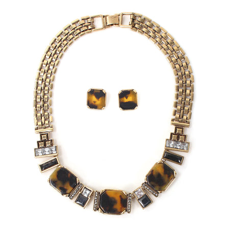 Gold Tone Metal Brown Stone And White Crystal Necklace And Earring Set