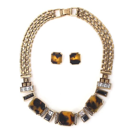 Gold Tone Metal Brown Stone And White Crystal Necklace And Earring Set