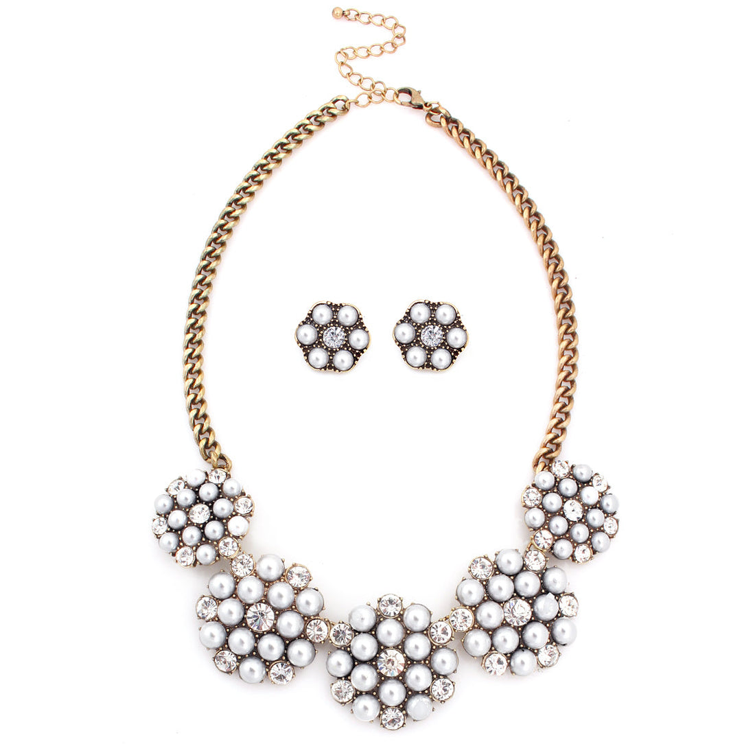 Gold Tone Metal Pearl With Bead White Crystal Necklace And Earring Set
