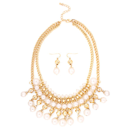 Gold Tone Metal Pearl Beads Ncklace And Earring Set