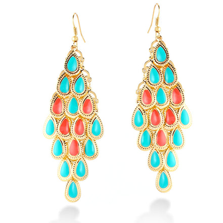 Gold Plated Turquoise And Coral Epoxy Drop Earring