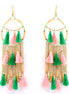 Gold Tone Metal Pink And Green Beads Tassel Earring