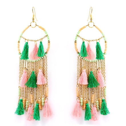 Gold Tone Metal Pink And Green Beads Tassel Earring