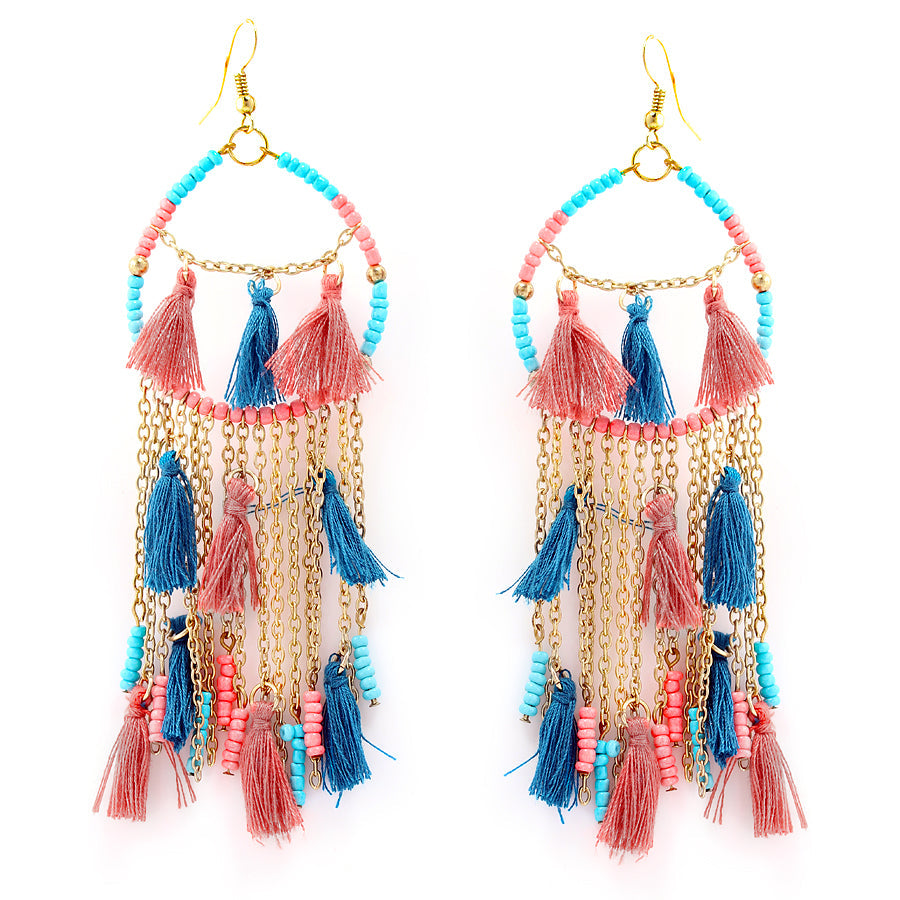 Gold Tone Metal Turquoise And Peach Beads Tassel Earring