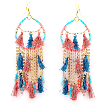 Gold Tone Metal Turquoise And Peach Beads Tassel Earring