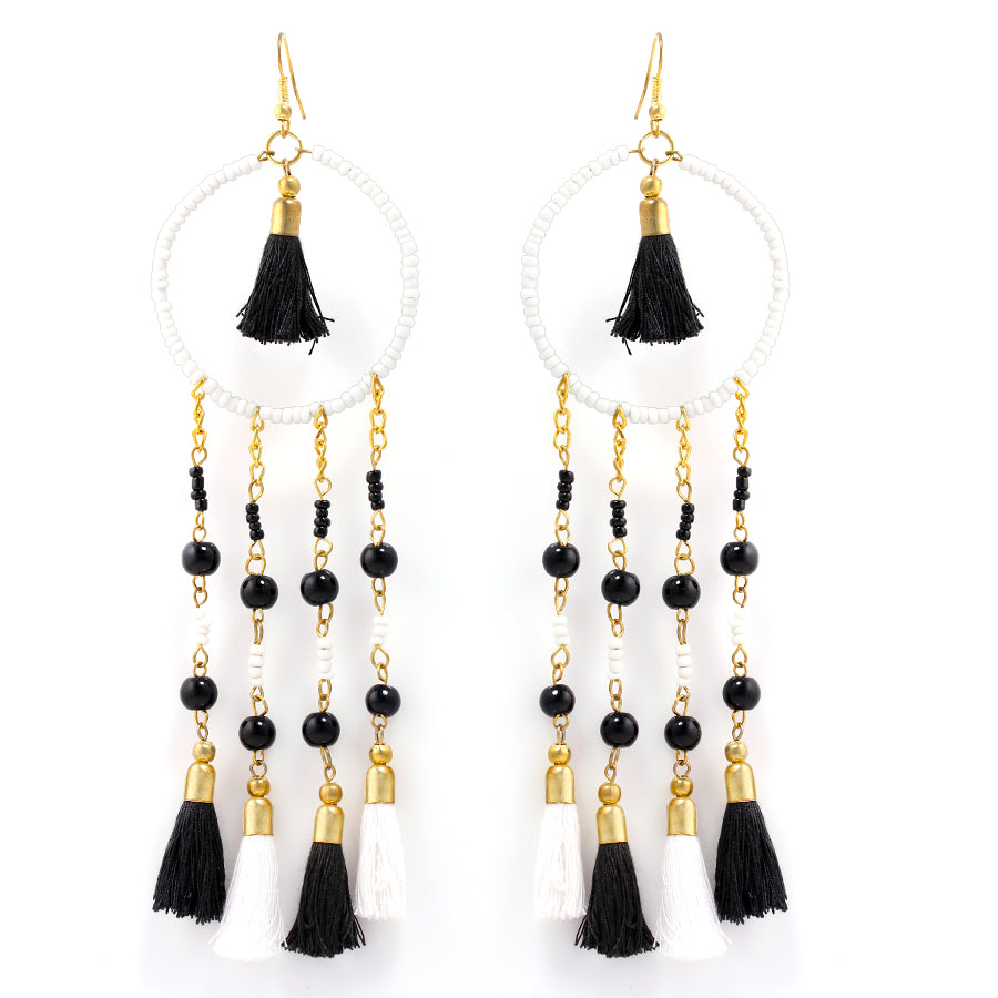 Gold Tone Metal Black And White Beads Tassel Earring