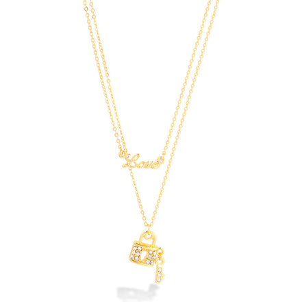 Gold Double Rows Chain With Little Lock And Love Pendant Necklace