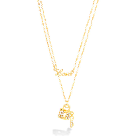 Gold Double Rows Chain With Little Lock And Love Pendant Necklace