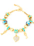 Gold Turquoise Mix Heart And Keys Charm Bracelet