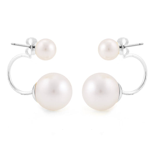 Silver-Tone Metal White Pearl Hoop Earrings