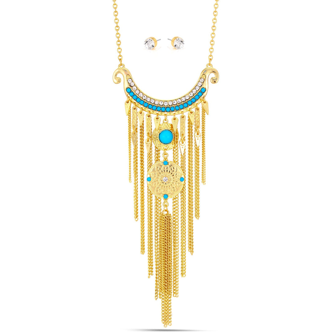 Gold-Tone Metal Turquoise And Crystal Tasel Adjustable Lobster Claw Closure Necklaces And Earrings Set