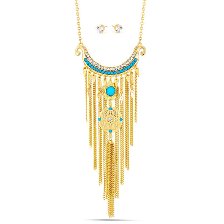 Gold-Tone Metal Turquoise And Crystal Tasel Adjustable Lobster Claw Closure Necklaces And Earrings Set