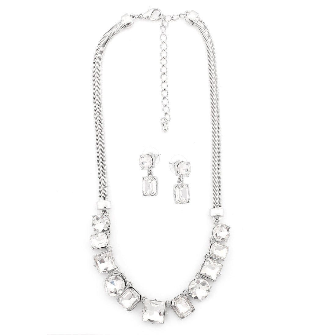 Silver-Tone White Crystal Necklace And Earring Set