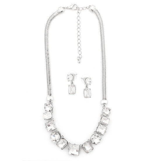 Silver-Tone White Crystal Necklace And Earring Set