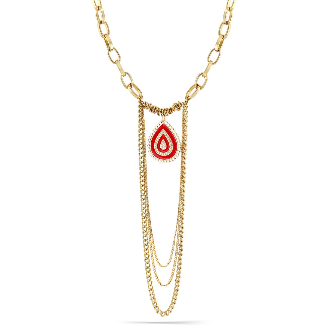 Taza-Gold-Tone Metal Coral Enamel Pendant Tassel Necklace