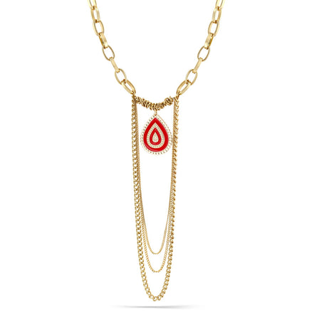 Taza-Gold-Tone Metal Coral Enamel Pendant Tassel Necklace
