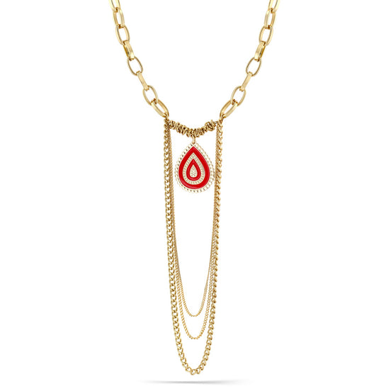 Taza-Gold-Tone Metal Coral Enamel Pendant Tassel Necklace
