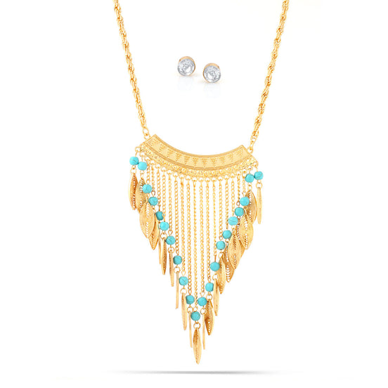 Gold-Tone Metal Tiurquoise Tassel Necklace And Crystal Earrings Set