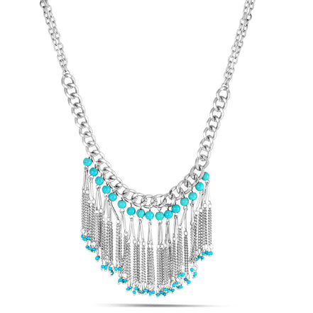 Rhodium -Tone Metal Turquoise Tassel Adjustable Lobster Closure Necklae