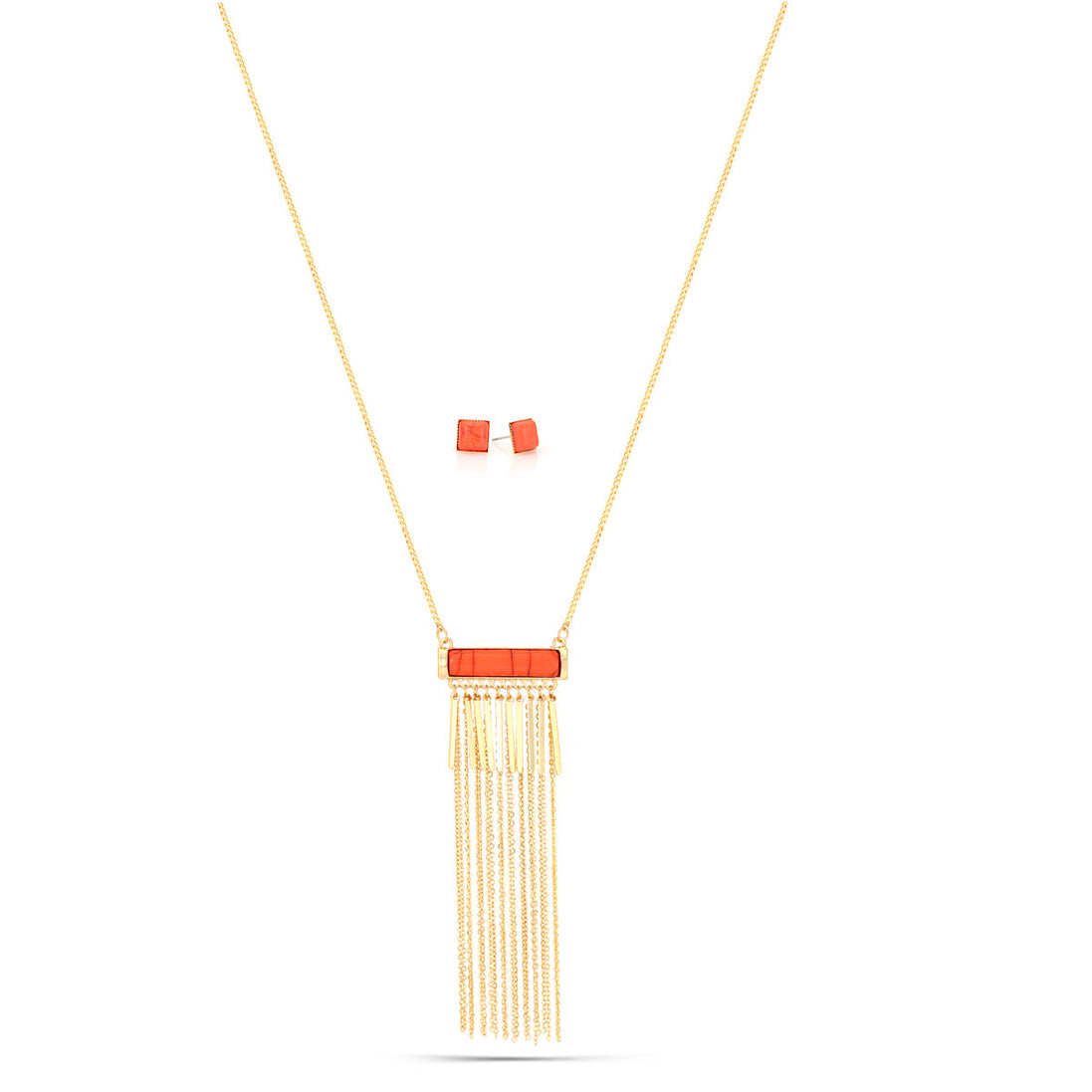 Gold-Tone Metal Coral Resin Tassel Necklace And Earring Set