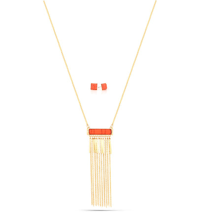 Gold-Tone Metal Coral Resin Tassel Necklace And Earring Set