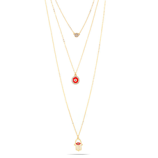 Tazza-Gold-Tone Metal Red Evil Eye Charms Three Layer Necklace