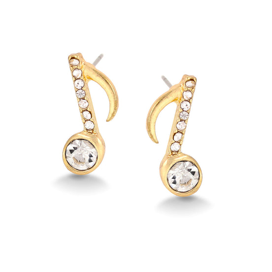 Tazza-Gold-Tone Metal Music Note Crystal Stud Earrings