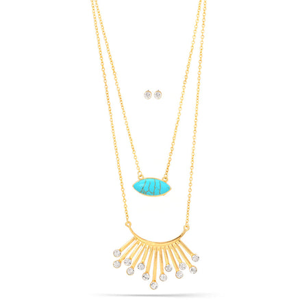 Gold-Tone Metal Turquoise And Crystal Necklace And Earrings Set
